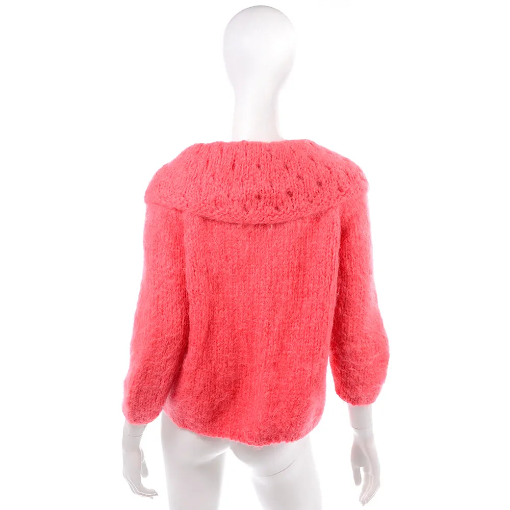 1960s Famelia Italian Pink Mohair Cardigan w/ Oversized Collar