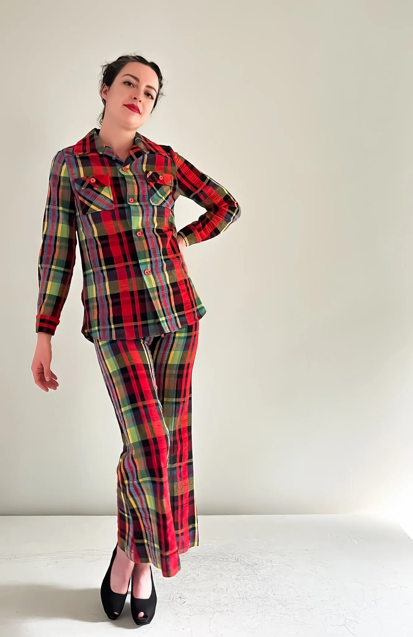 Adorable Plaid 1970's Matching Shirt & Pant Set  / Sz XS