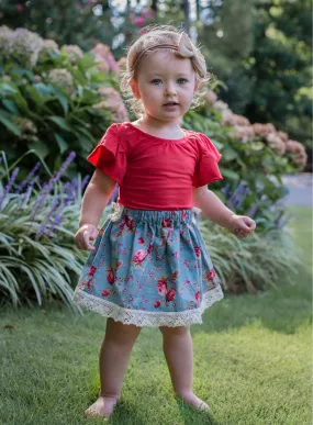 Girls Blue Vintage Style Floral Skirt