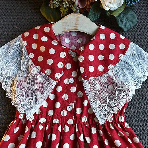 Girls Polka Dot Lace Collar Vintage Dress