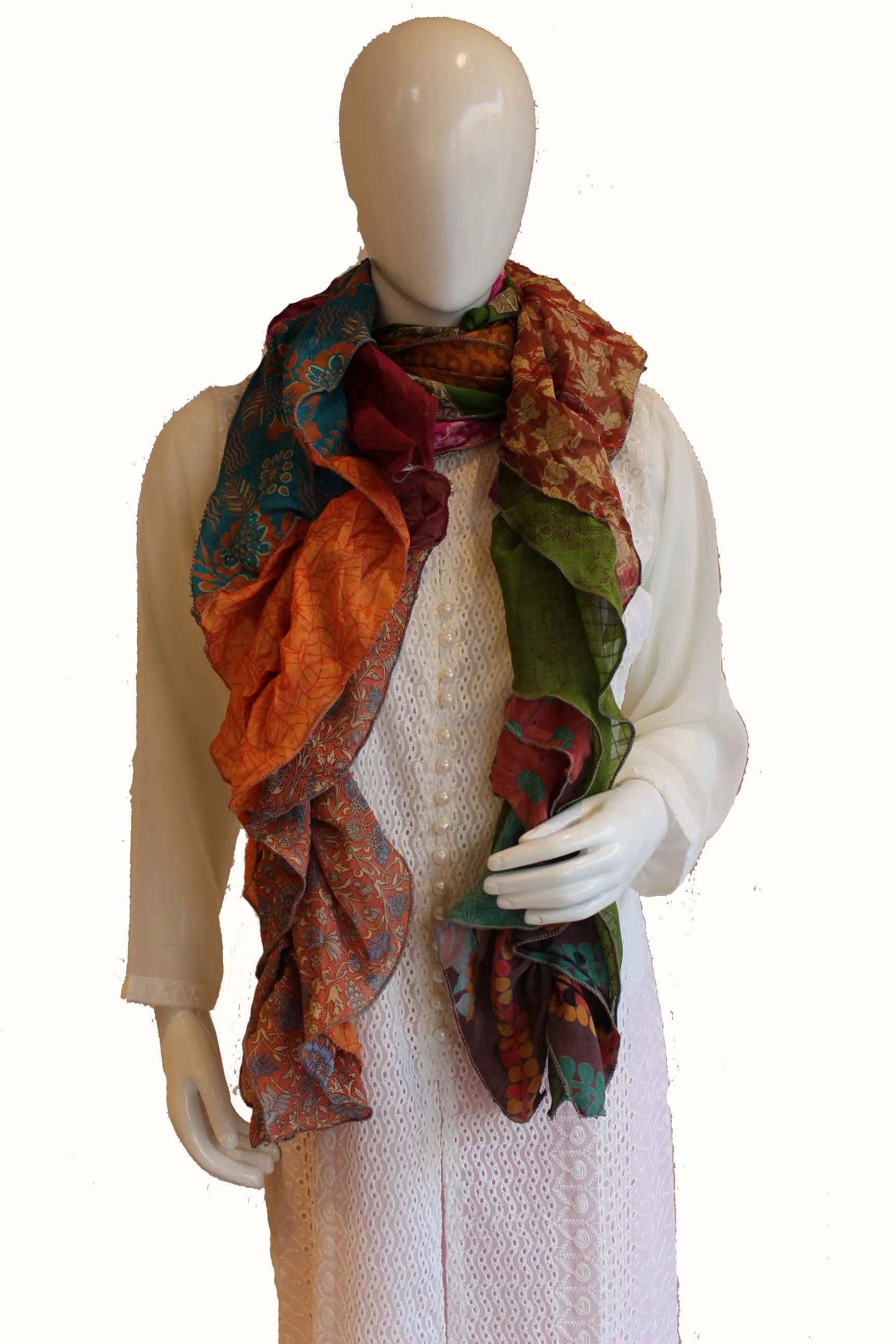 Recycle Silk Sari Frill Scarf Ruffle Scarves Multicolor Boho Fashion for Girls